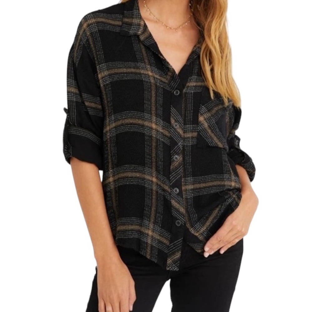 Bella Dahl | Relaxed Plaid Stretch-Twill Roll Tab Shirt Size Small